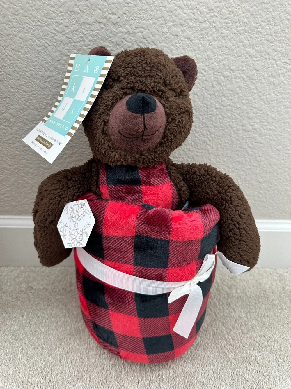 NWT Brown Bear Plush with Red and Black Buffalo Plaid Throw